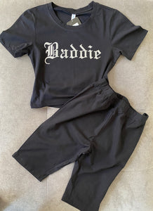 Glitter Lettering Baddie Crop top With biker shorts Set