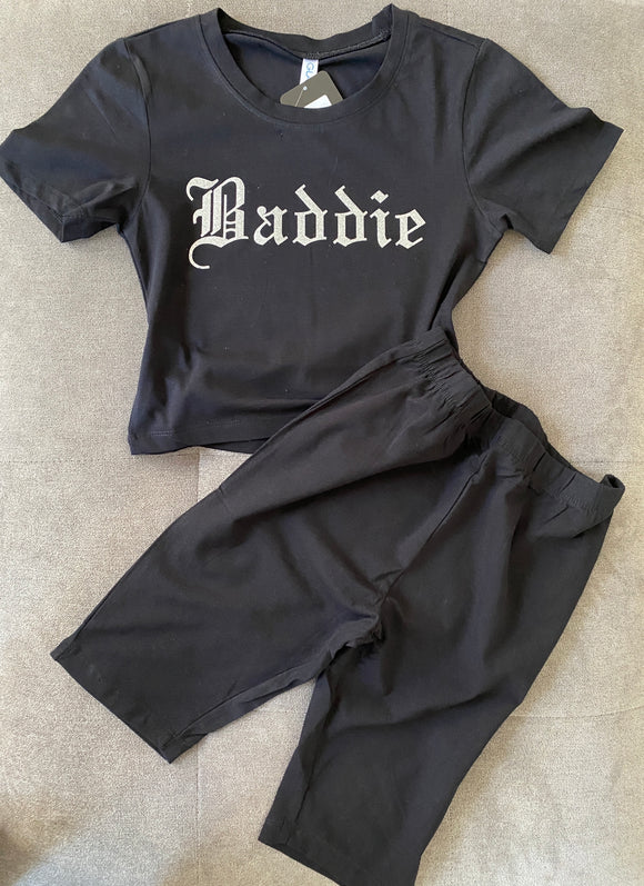 Glitter Lettering Baddie Crop top With biker shorts Set